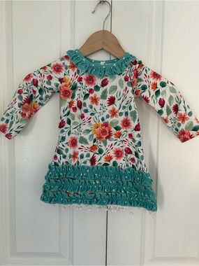 Sugar Bee girls dress nightgown ruffle white green floral size 12 months